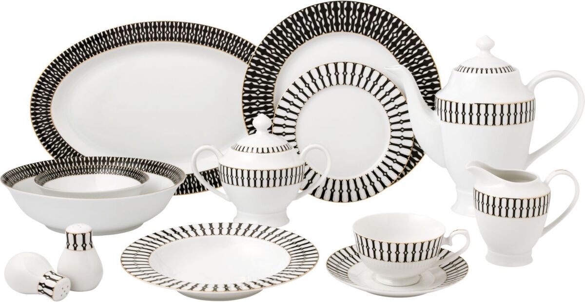 Lorren Home Trends New Bone China 57 Piece Dinnerware Set- Service for 8 - Black