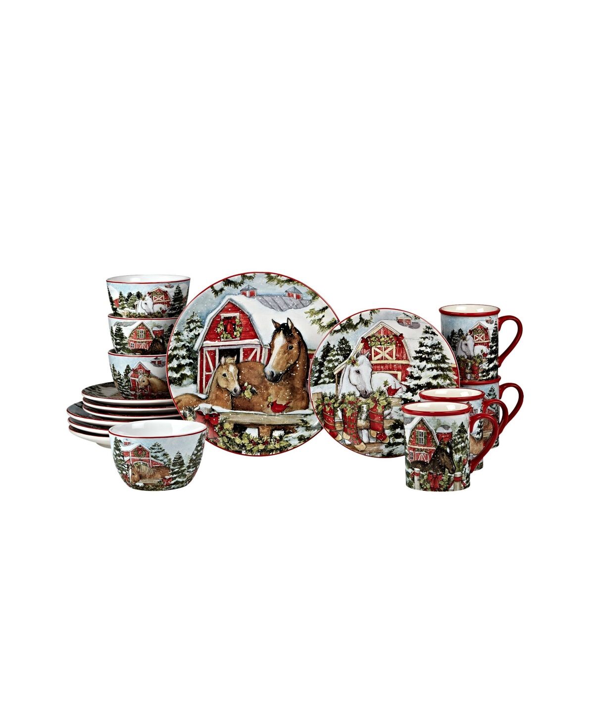 Certified International Homestead Christmas 16 Piece Dinnerware Set - Red, White