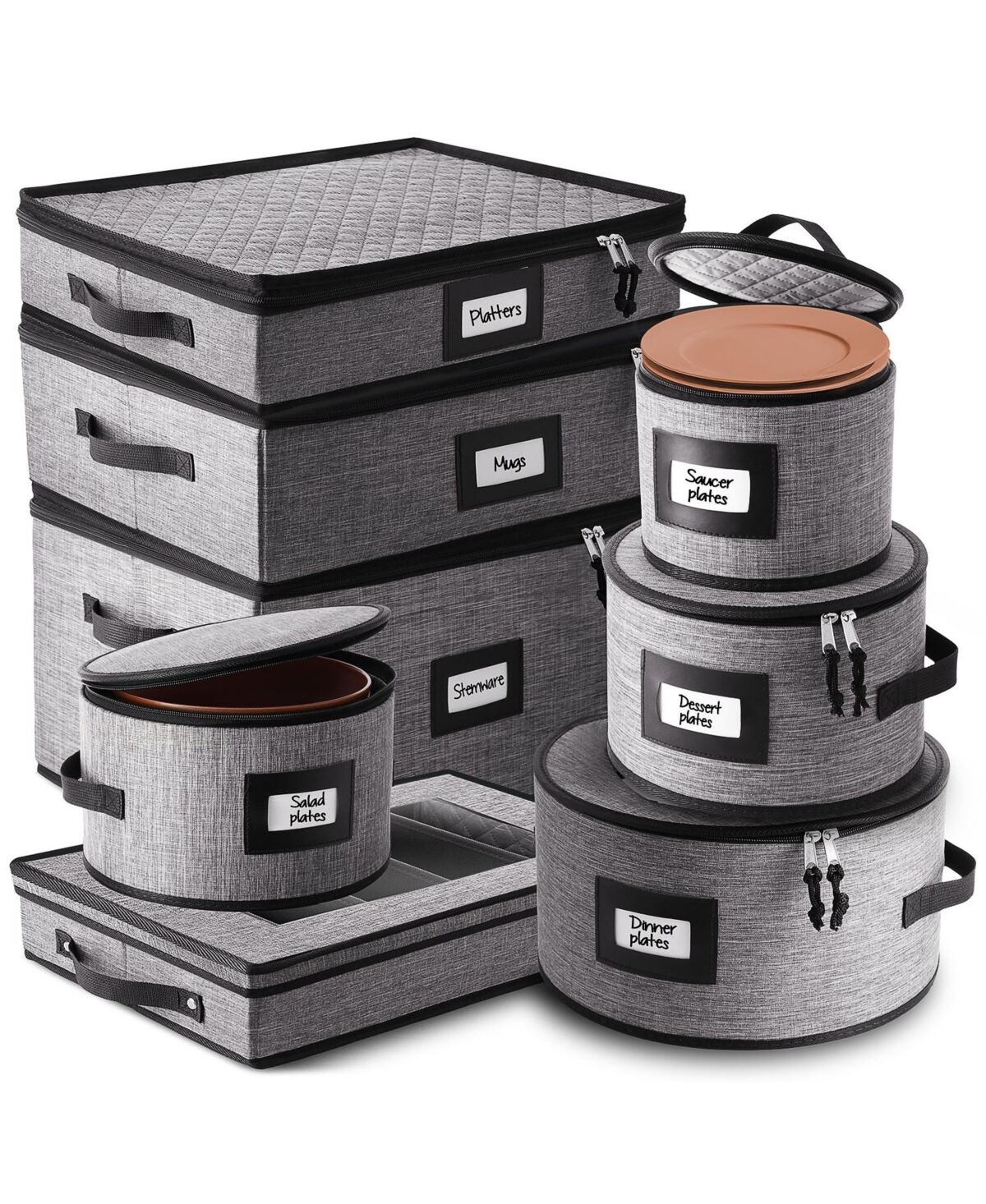 Storagebud 8 Piece Hard Shell Complete Dinnerware Storage set - Holds 12 Servings of Plates, cups, Platters, stemware and cutlery - Grey  black