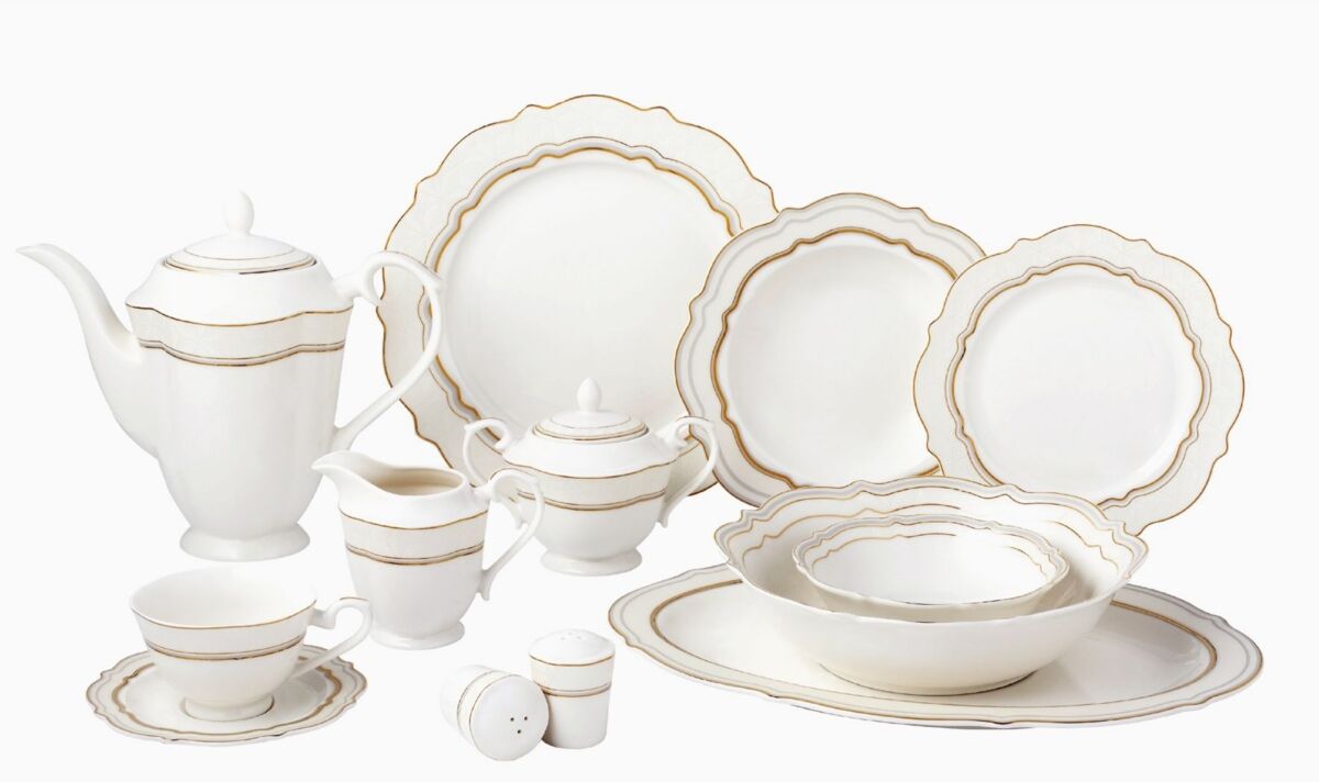 Lorren Home Trends 57 Piece Bone China Charlotte Dinnerware Set, Service for 8 - Gold-Tone