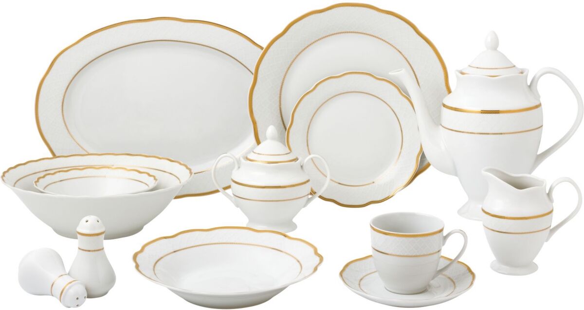 Lorren Home Trends Porcelain China 57 Piece Gloria Wavy Dinnerware Set, Service for 8 - Gold-Tone