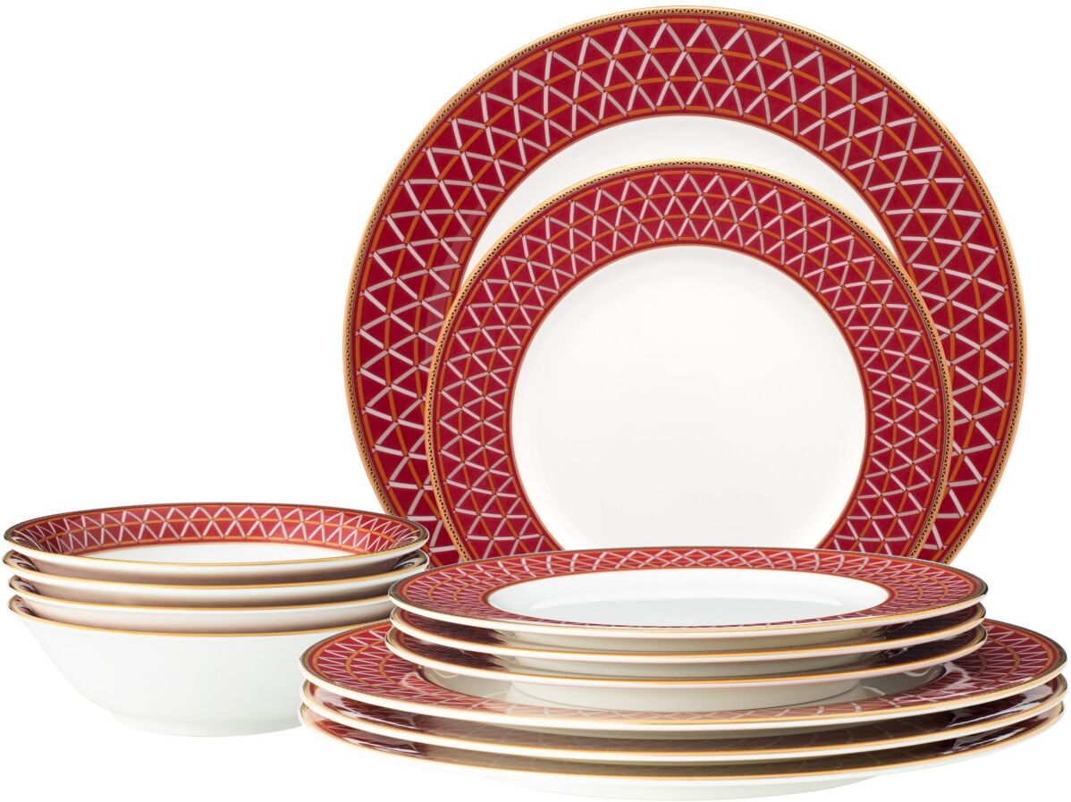 Noritake Crochet 12- Pc Dinnerware Set, Service for 4 - Deep Red And Gold