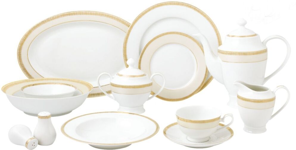 Lorren Home Trends 57 Piece Mix and Match Bone China Dinnerware Set, Service for 8 - Gold-Tone