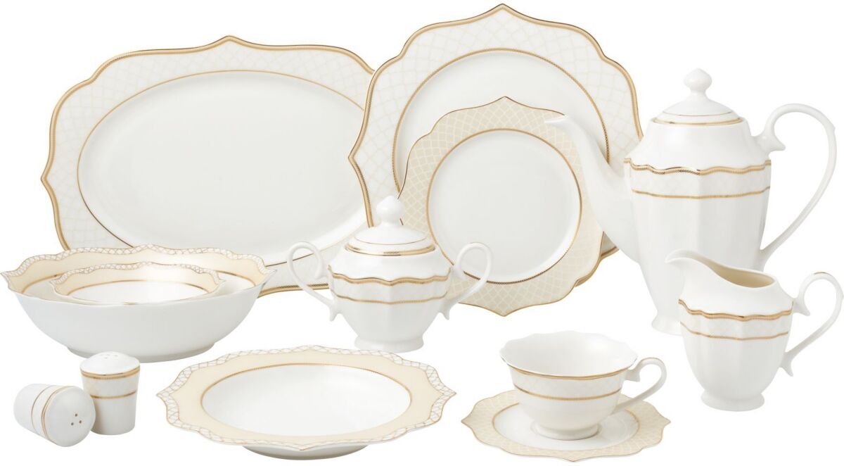 Lorren Home Trends 57 Piece Mix and Match Bone China Dinnerware Set, Service for 8 - Gold-Tone