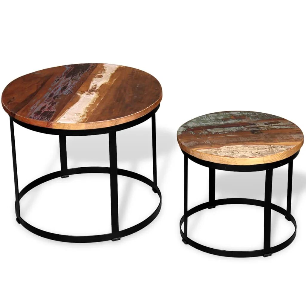 Unbranded Coffee Table Set Solid Reclaimed Wood Round 40/50 Cm 2 Pieces