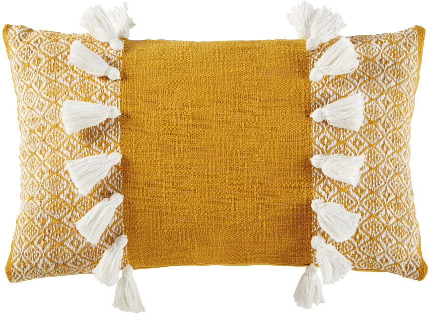 Maisons du Monde Coussin en coton tissé jaune safran avec pompons 30x50