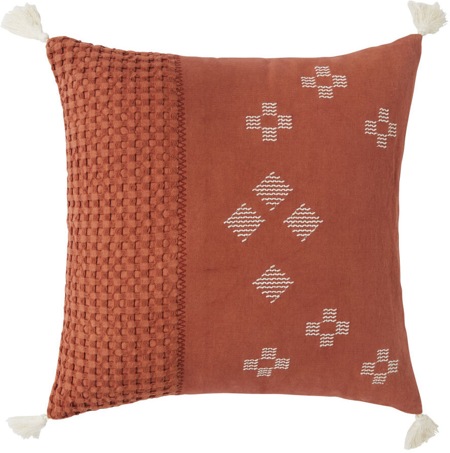 Maisons du Monde Coussin en coton tissé terracotta avec broderies et pompons écrus 45x45