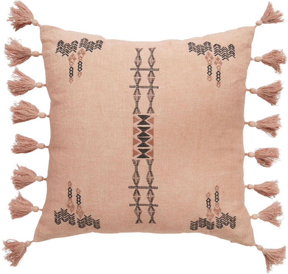 Maisons du Monde Coussin en lin corail et broderies gris anthracite 45x45