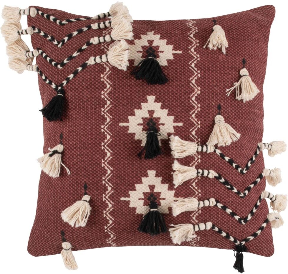 Maisons du Monde Coussin fait main en coton tissé avec pompons brique, écru et noir fait main 45x45