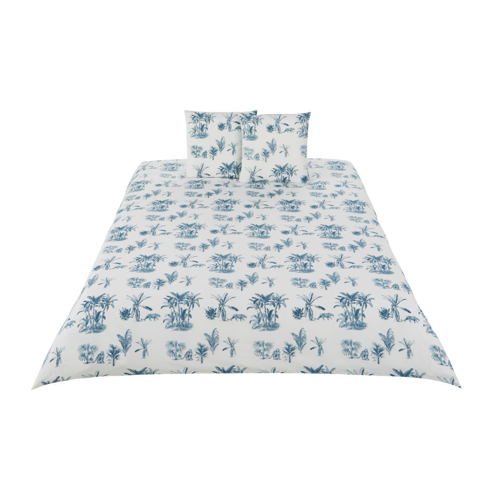 Maisons du Monde Parure de lit en coton écru et bleu canard imprimé 220x240