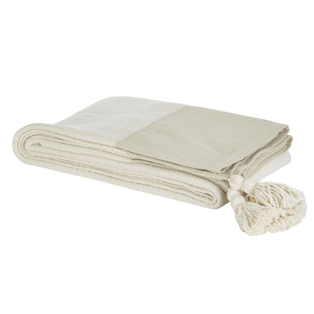 Maisons du Monde Plaid en coton tissé écru et beige avec pompons 220x240