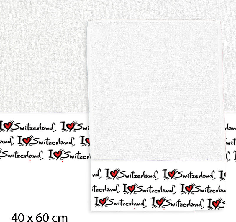 Designer-Gästetuch I love Switzerland, 40x60cm, aus Baumwoll-Frottee