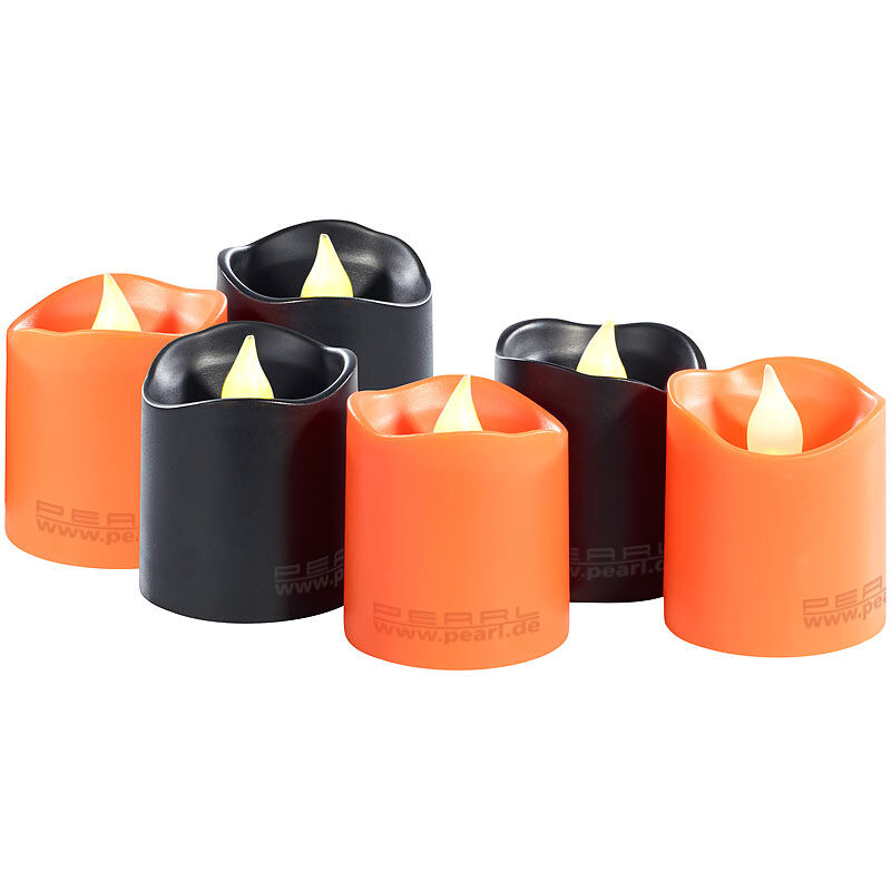 Lunartec 6er-Set Halloween-LED-Teelichter, bewegliche Flamme, orange & schwarz