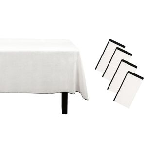 OZAIA Ensemble nappe + 4 serviettes de table en lin et coton - Bordure noire - Blanc- 170 x 300 cm - BORINA