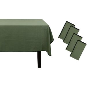 OZAIA Ensemble nappe + 4 serviettes de table en lin et coton - Bordure noire - Kaki - 170 x 300 cm - BORINA