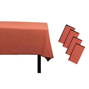 OZAIA Ensemble nappe + 4 serviettes de table en lin et coton - Bordure noire - Terracotta - 170 x 300 cm - BORINA