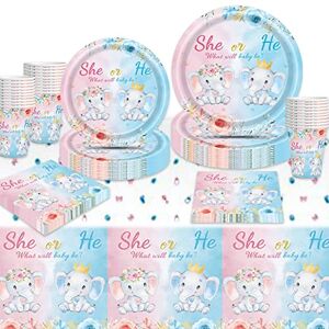 Amycute Gender Reveal Party Decoration Éléphant Bleu Rose Kit Deco Baby Shower Fille Garçon Mixte Assiette Gobelet Nappe Serviette en Papier Vaisselle de Fête Boy Or Girl Cadeau Invité Baptême 16 Personnes - Publicité