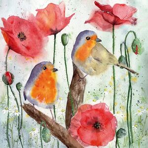 Servietten Tiere Lot de 20 serviettes en papier Motif oiseaux et coquelicots Décoration de table 33 x 33 cm - Publicité