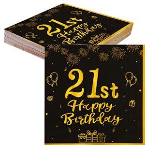 TOPWAYS Noir Or serviette papier décoration anniversaire 21 ans, 40 Pièces papier serviette de table serviette vaisselle jetable pour deco anniversaire 21 ans Fille Garçon Femmes Homme (21 ans) - Publicité