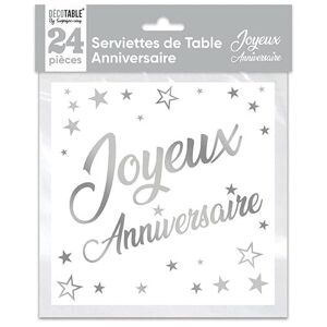 surprisez vous Serviette de table Joyeux Anniversaire blanche et argentée métallisée (x24) REF/STAM00A - Publicité