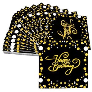 Kodwis Serviette Papier Anniversaire, 40 Pcs Serviette de Table Happy Birthday Serviette en Papier Noir et Or Nappe Anniversaire Papier Jetable pour Fille Garçon Déco de Table Fête d'Anniversaire (33cm*33cm) - Publicité