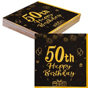 TOPWAYS Noir Or serviette papier décoration anniversaire 50 ans, 40 Pièces papier serviette de table serviette vaisselle jetable pour deco anniversaire 50 ans Femmes Homme (50 ans) - Publicité