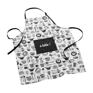 Tablier imprime ustensiles de cuisine, brode A table ! - BlancheporteFouet, passoire, verre doseur, ecumoire, couverts... ce tablier a tous les motifs imprimes pour faire venir l'inspiration en cuisine. Il est entierement ajustable et brode d'une inscri