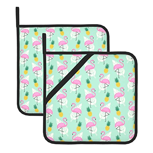 DANLIM Roze flamingo ananassen 2 pack pannenhouders voor keuken hittebestendige pannenlappen sets oven hot pads pannenhouders voor koken bakken (20 x 20 cm)