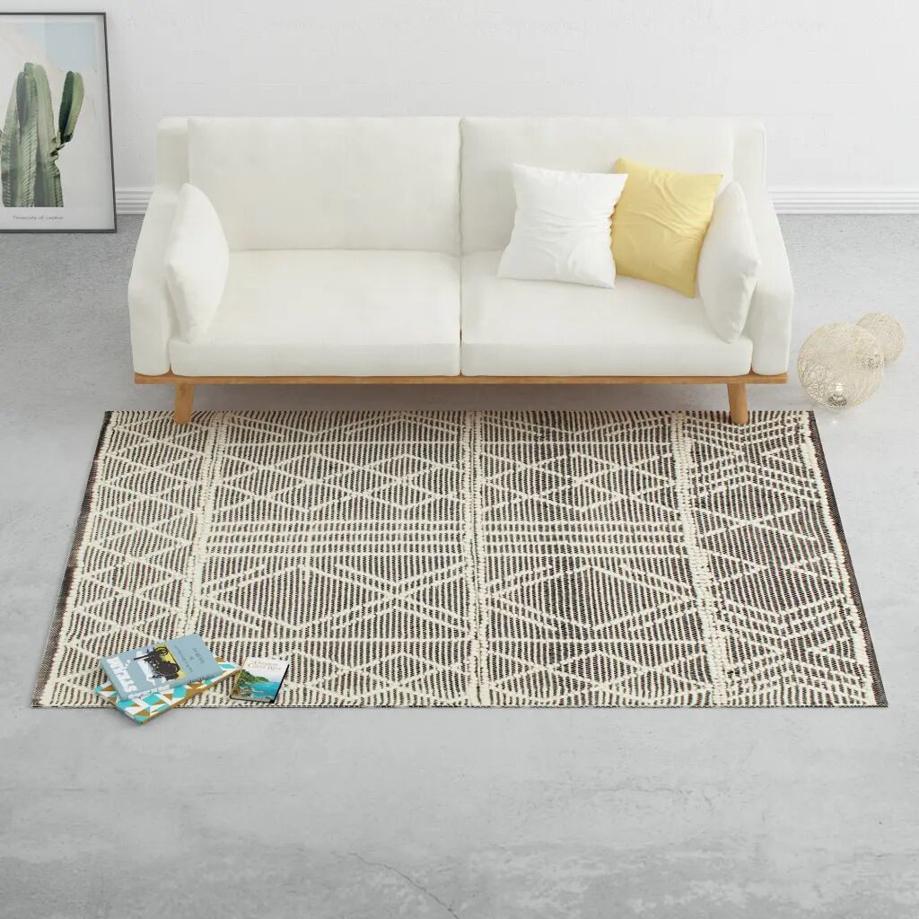 vidaXL Ručne tkaný koberec, vlna 140x200 cm, čierny/biely