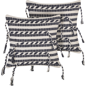 Beliani Set of 2 Decorative Pillows Black and White Cotton 45 x 45 cm Striped Pattern with Tassels Boho Design Throw Cushions Material:Cotton Size:45x10x45