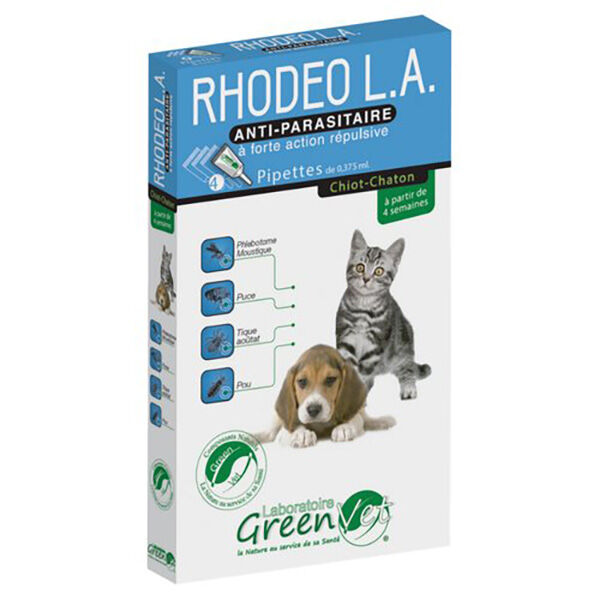 Greenvet Rhodeo Longue Action Chiot Chaton Antiparasitaire Externe Naturel spot on 4 pipettes de 0,37ml