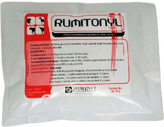 Technovet Eurotonic rumitonyl relance du rumen et rumination bovin ovin caprin poudre orale sachet de 70g boite de 100