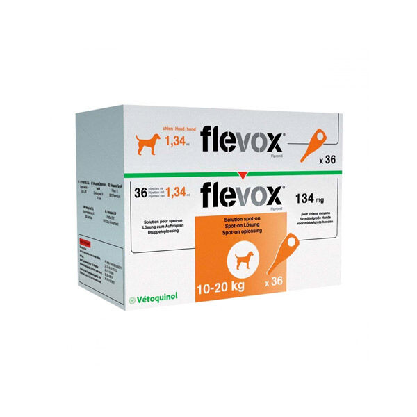 Vetoquinol Flevox 134mg (fipronil) Insecticide Chien Moyen de 10 a 20kg Spot on 36 pipettes