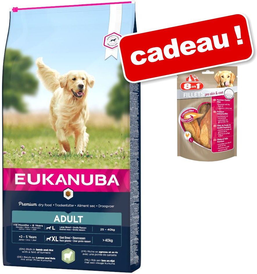 Eukanuba Croquettes Eukanuba 3 à 12 kg + 80 g friandises 8in1 Fillets Pro Skin...