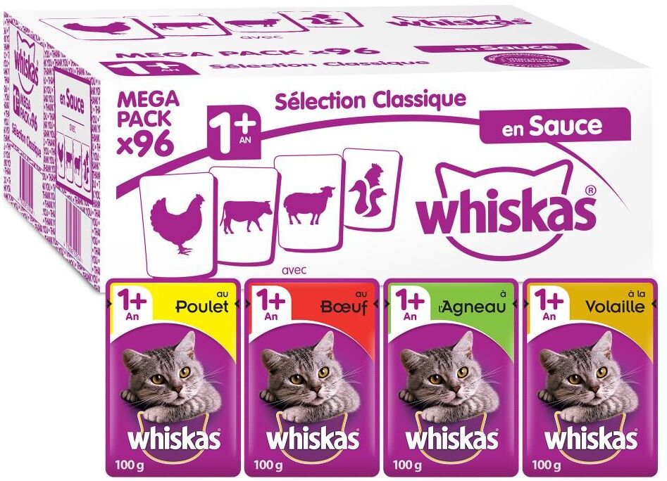 Whiskas 96x100g 11+, adulte - sélection de volaille en gelée Whiskas - Pâtée...