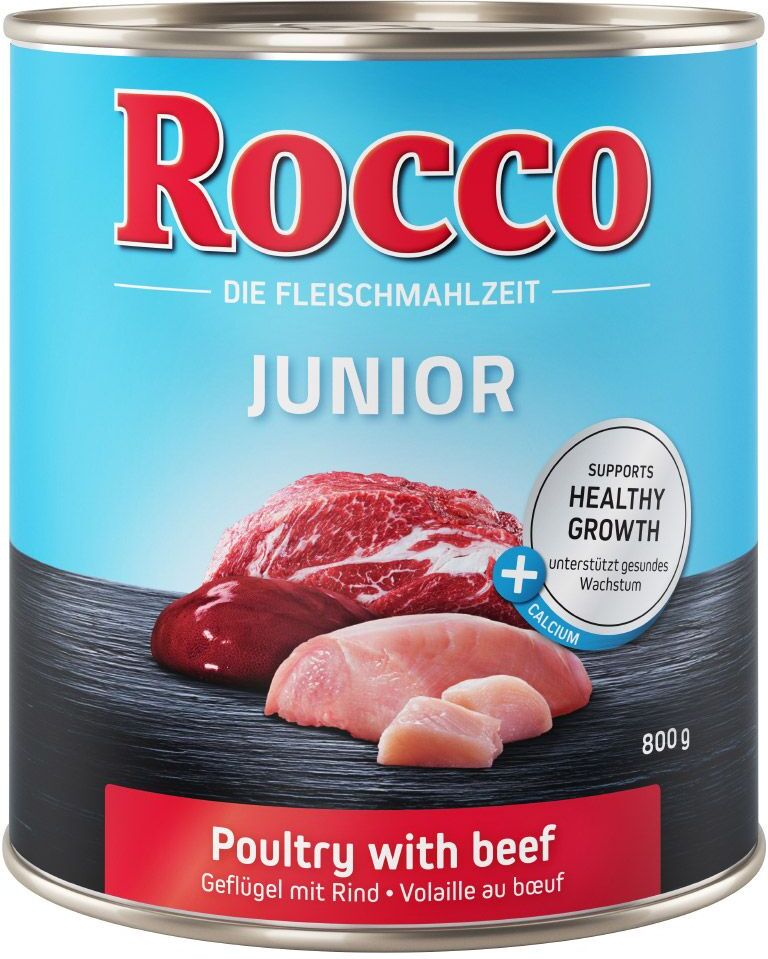 Rocco 24x800g Rocco Junior volaille, gibier, riz, calcium - Pâtée pour chien