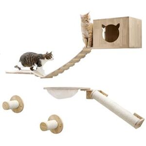 Massivholz Kletterwand für Katzen für die Wandmontage, natur/weiß