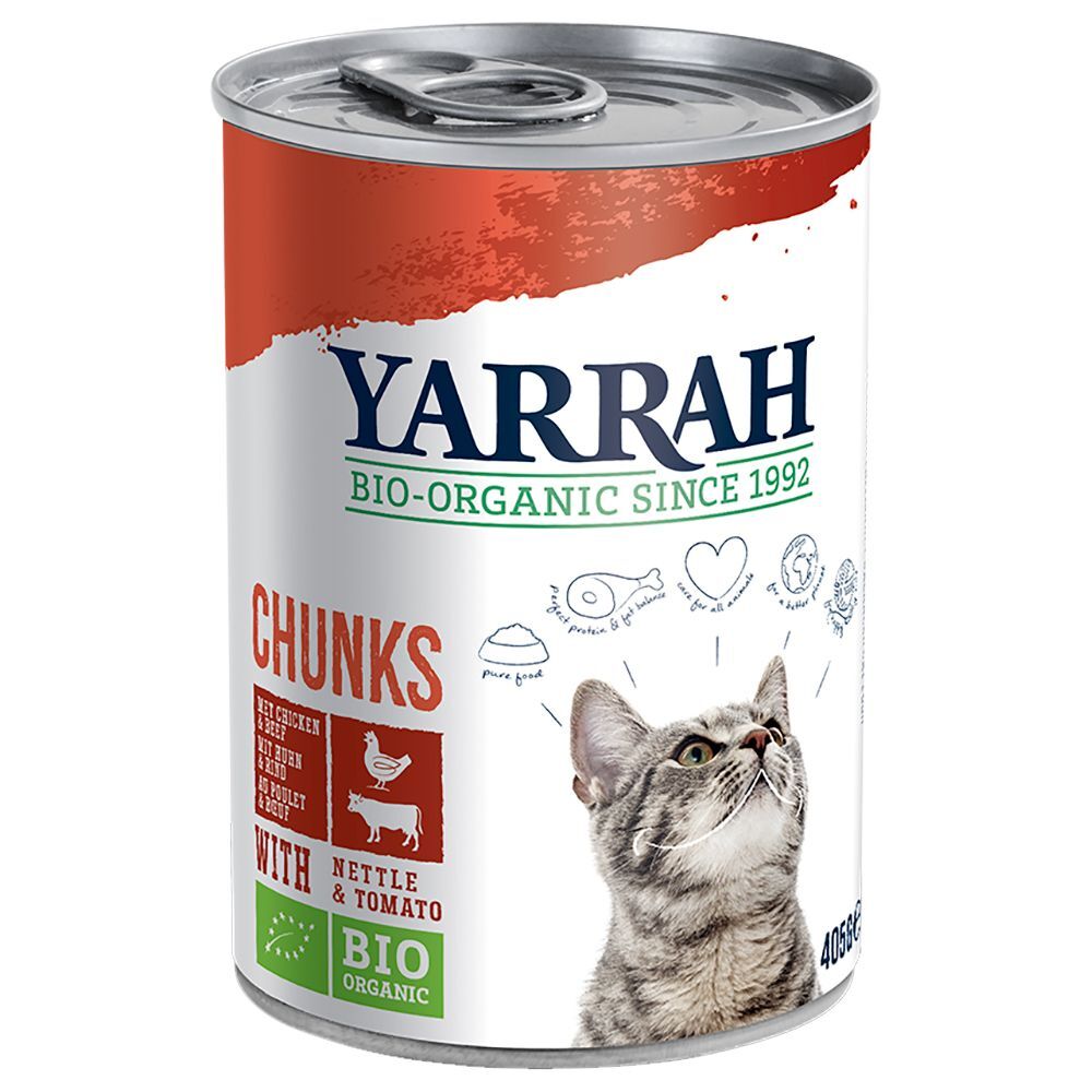 Yarrah 12x 405g Bio Chunks Bio Huhn & Bio Rind mit Brennnesseln & Bio Tomaten Yarrah Nassfutter für Katzen