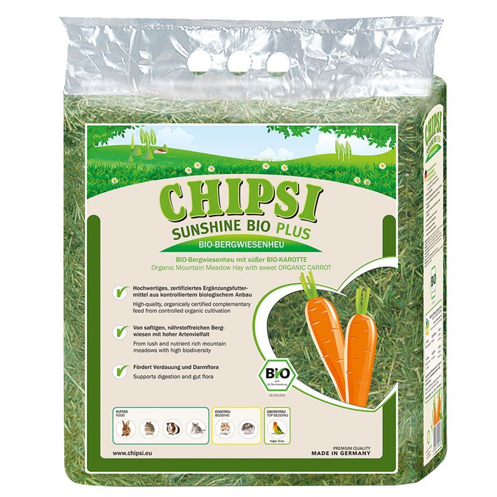 Chipsi 3x 600g Sunshine Bio Plus Bergwiesenheu Bio Karotte Chipsi Ergänzungsfutter für Nager