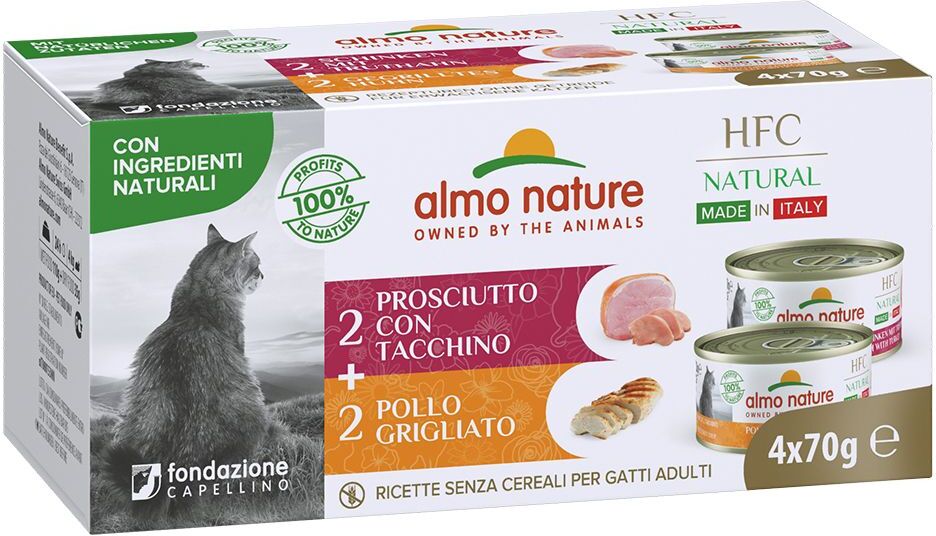 Almo Nature HFC 4x 70g HFC Natural Made in Italy Schinken mit Käse & Gegrillter Truthahn Almo Nature Nassfutter für Katzen