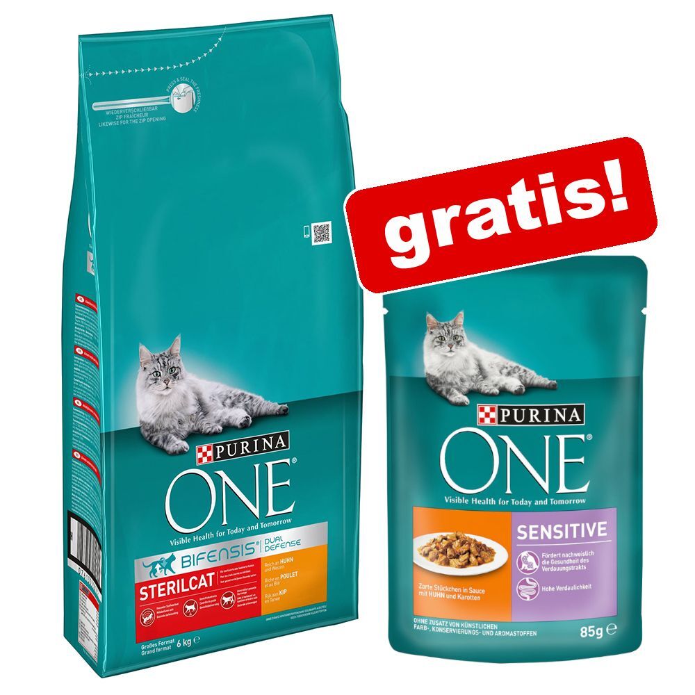 Purina One 6 kg Sterilcat mit Huhn Purina ONE Trockenfutter + 12 x 85 g Huhn/Karotte Nassfutter gratis!