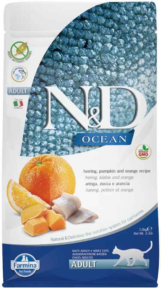 N&D Ocean Cat 3x 1,5kg N&D Ocean getreidefrei Hering, Kürbis & Orange Adult Farmina Trockenfutter für Katzen