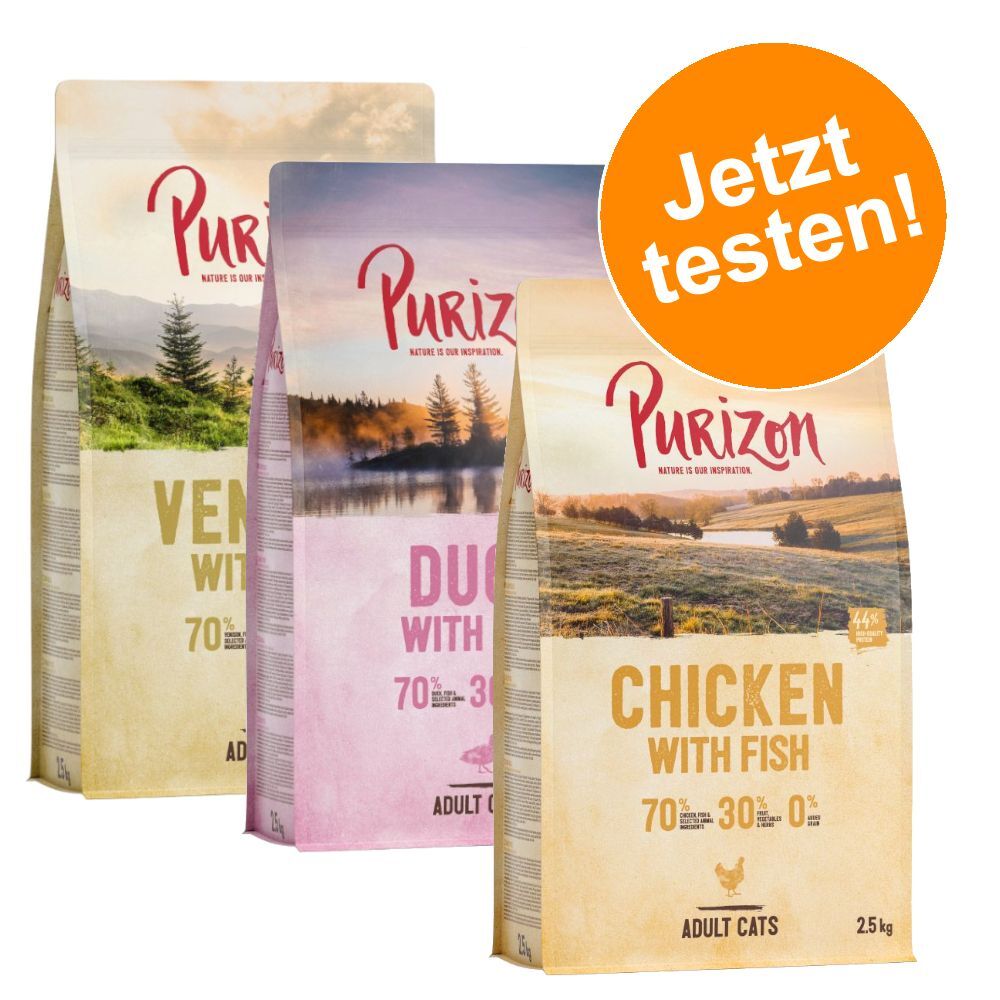 Purizon 3x 2,5kg Mix: Huhn mit Fisch / Fisch / Wildschwein mit Huhn Purizon Trockenfutter für Katzen