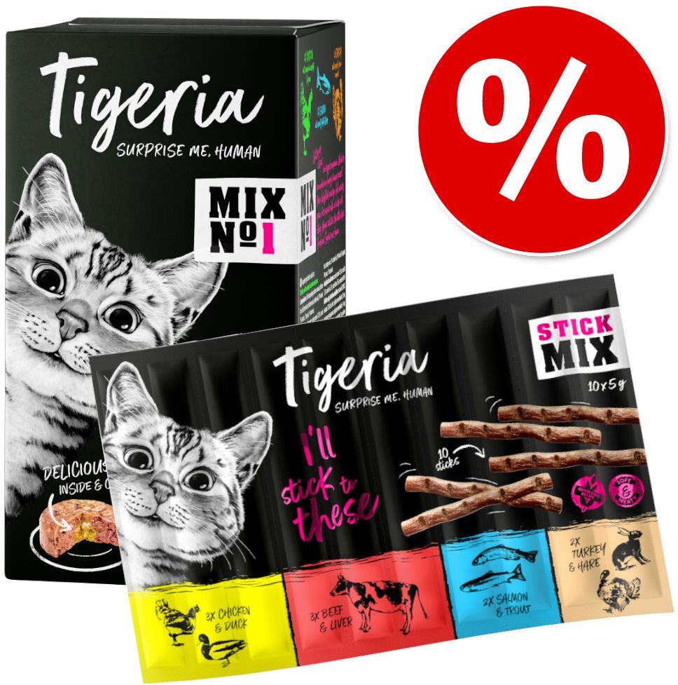 Tigeria 6x 85g Nassnahrung + 10x 5g Sticks Rind mit Tomatensosse Probierpaket Tigeria Katzennassfutter