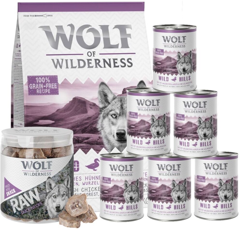 Wolf of Wilderness Adult "Wild Hills - Ente" 3-er Set: 1 kg Trockenfutter + 6x 400g Nassfutter + 90g gefriergetrockneter RAW Snack Wolf of Wilderness Hunde