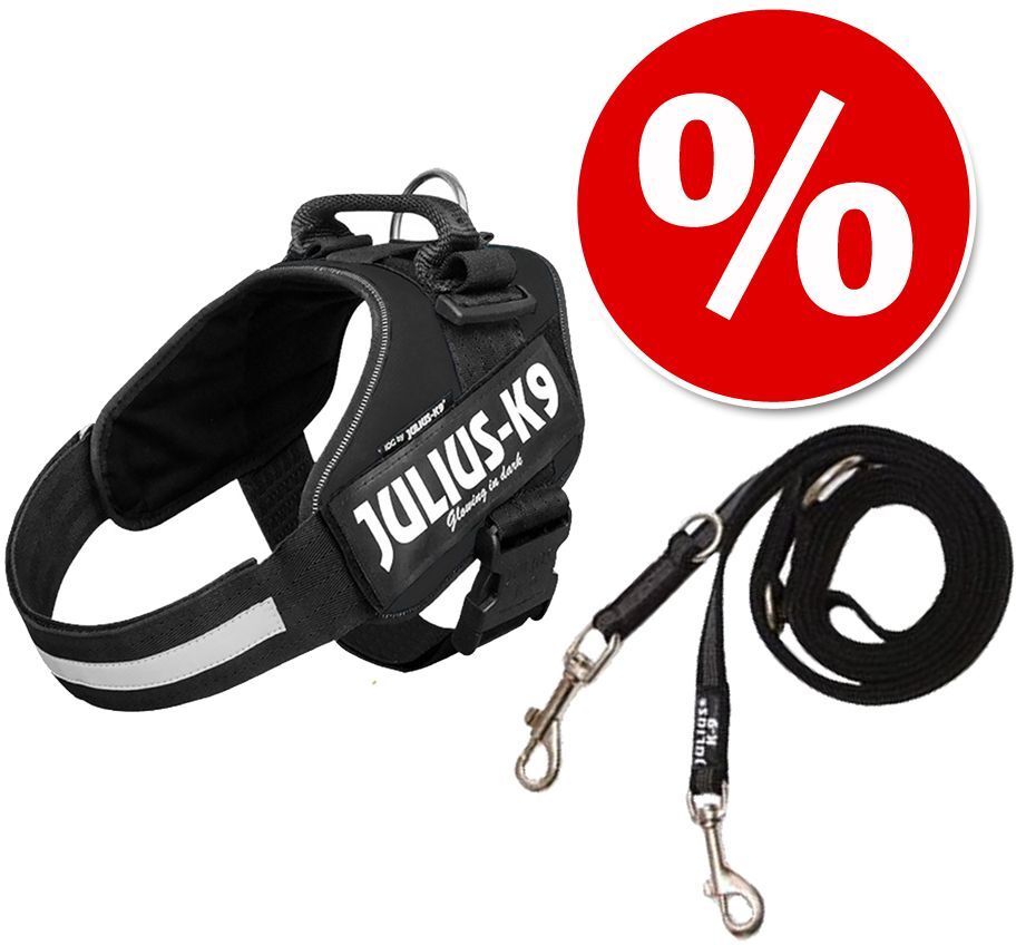 JULIUS-K9 IDC®-Powergeschirr - Grösse 1 + JULIUS-K9® Doppel-Führleine gummiert - 220cm (bis 50kg), Hundezubehör