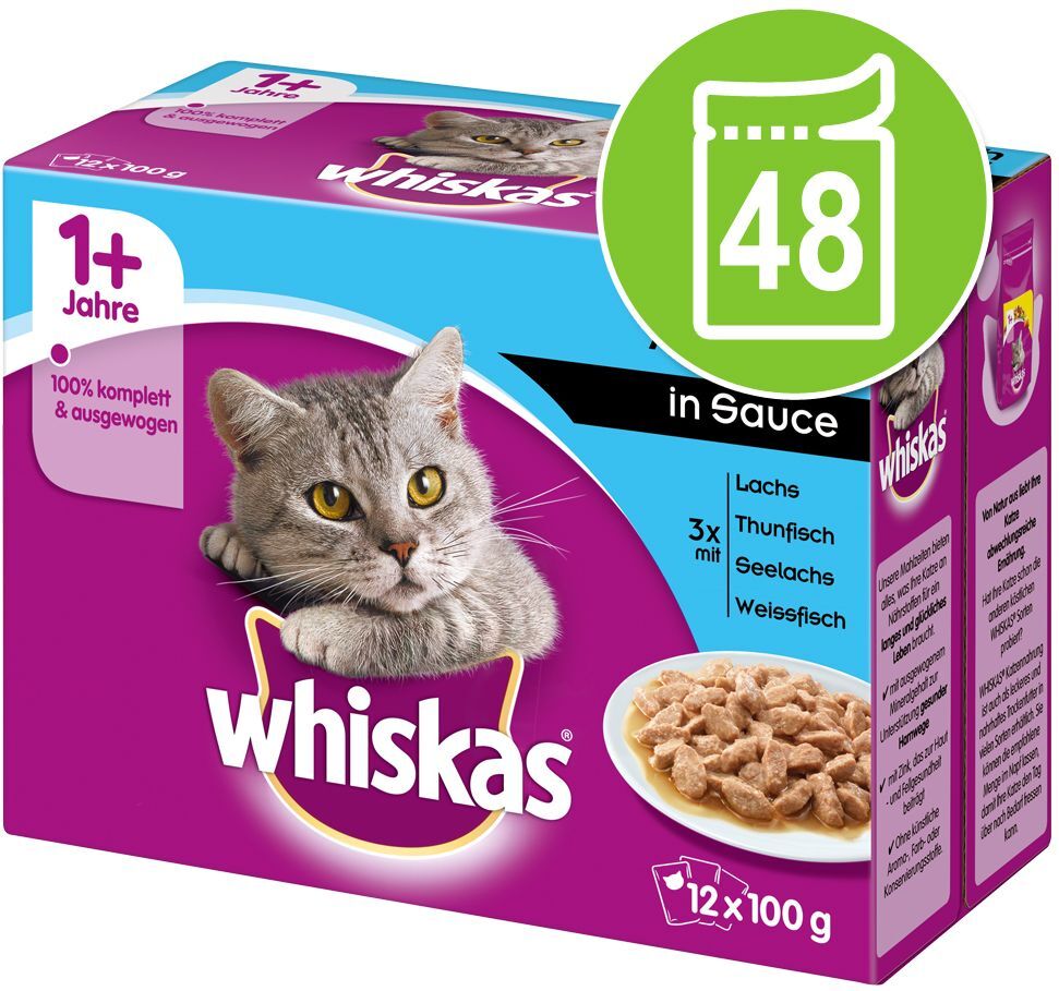 Whiskas 48x 85g 1+ Adult Frischebeutel Ragout Gemischte Auswahl in Gelee Whiskas Nassfutter für Katzen