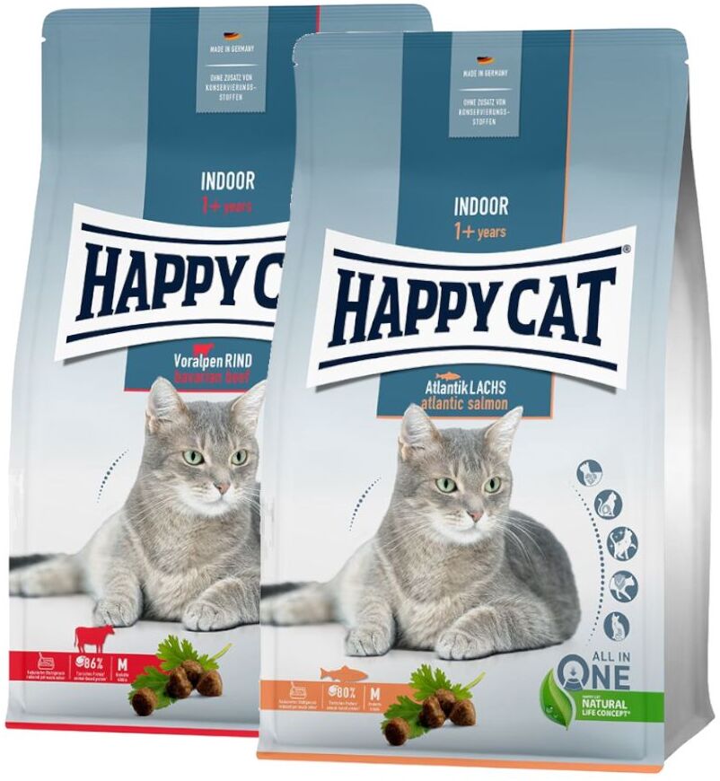 Happy Cat 2x 4kg Indoor Mix (Voralpen-Rind & Atlantik-Lachs) Happy Cat Trockenfutter für Katzen