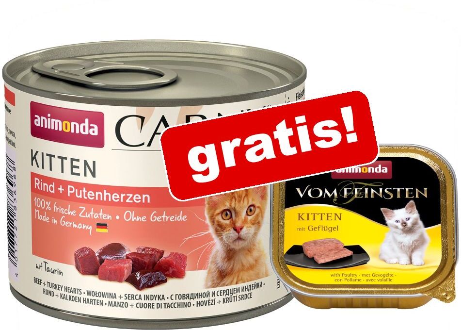 Animonda Carny 6x200g Carny Kitten Rind & Putenherzen Animonda Katzennassfutter + 100g Vom Feinsten mit Geflügel Animonda Nassfutter gratis!