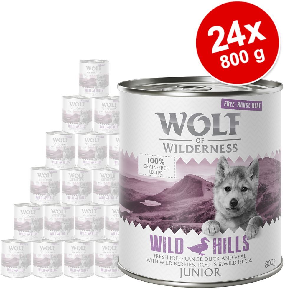 Wolf of Wilderness 24x 800g Junior Blue River - Freiland-Huhn & Lachs Wolf of Wilderness Hundefutter Nass